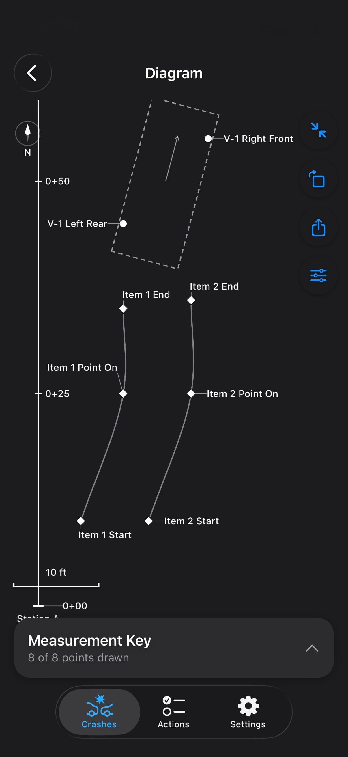TACWAC Factual Diagram showing measured vehicles and physical evidence along a station line