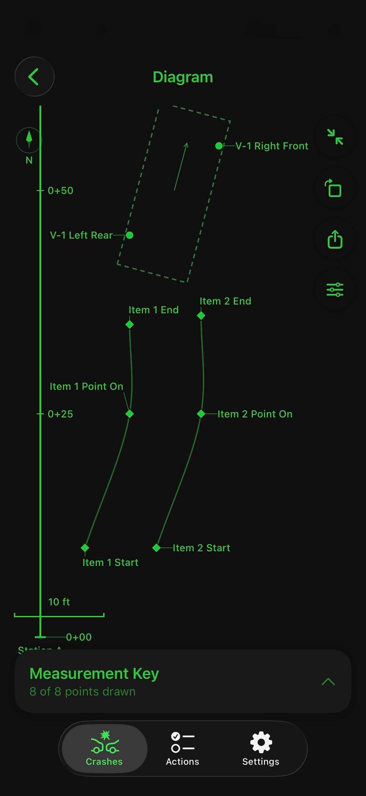 TACWAC Factual Diagram showing measured vehicles and physical evidence along a station line
