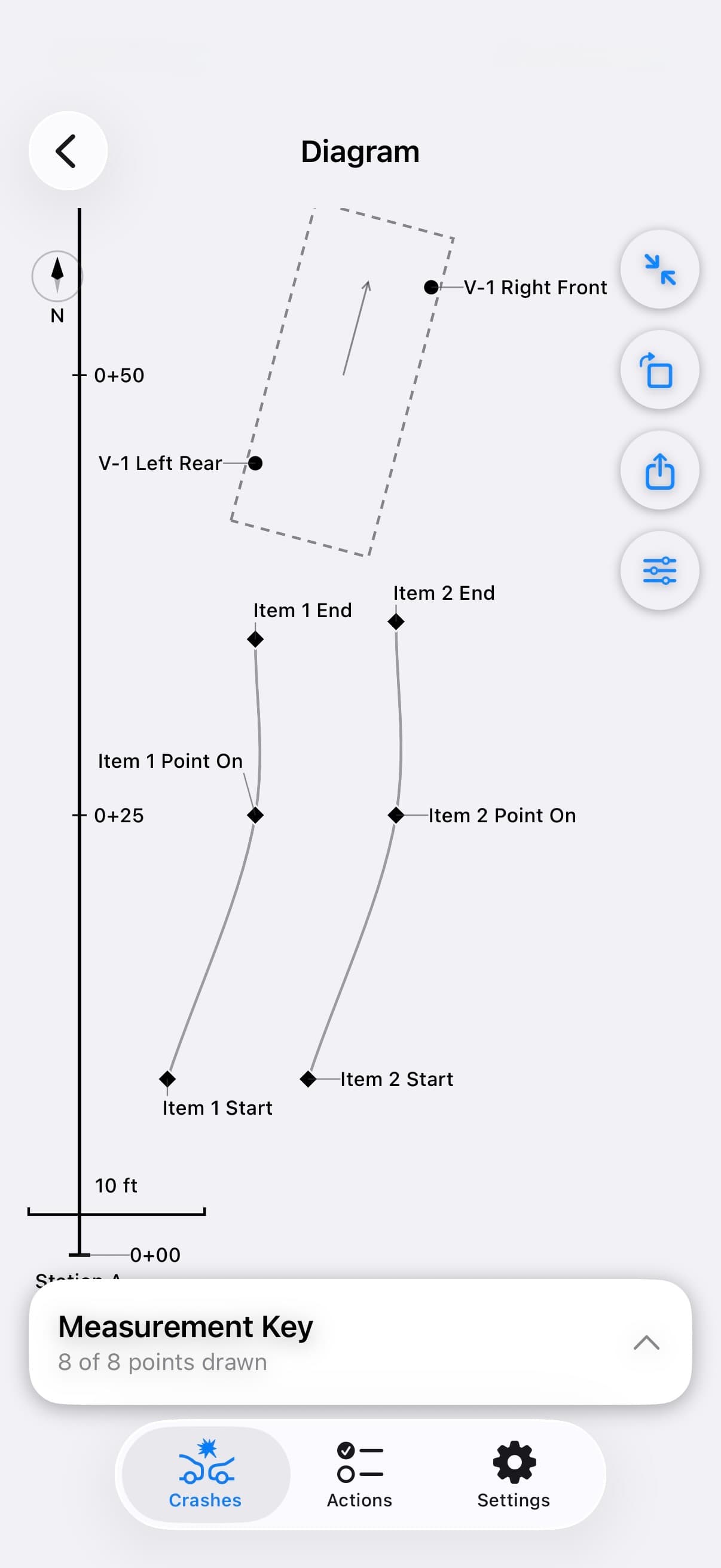 TACWAC Factual Diagram showing measured vehicles and physical evidence along a station line