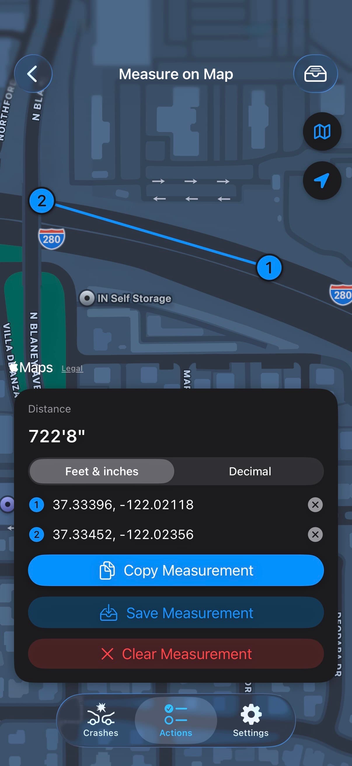 TACWAC Measure on Map screen showing a measured distance between two coordinates