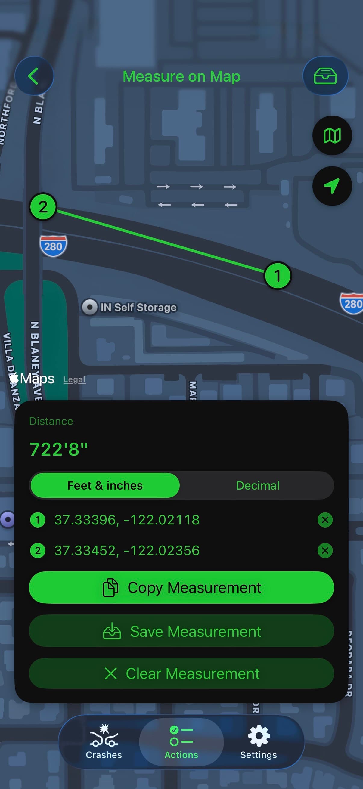 TACWAC Measure on Map screen showing a measured distance between two coordinates