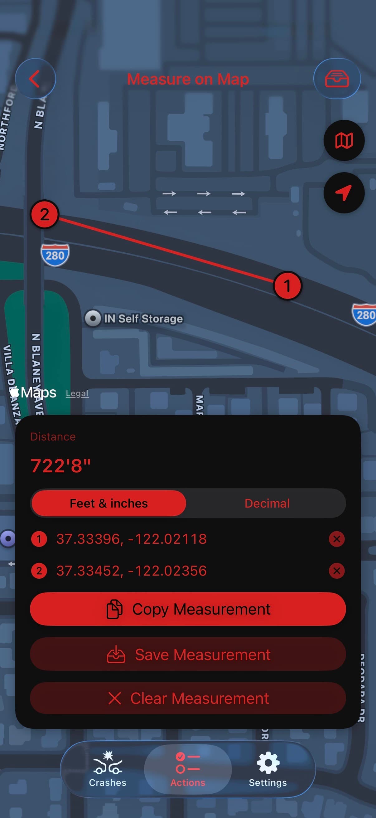 TACWAC Measure on Map screen showing a measured distance between two coordinates