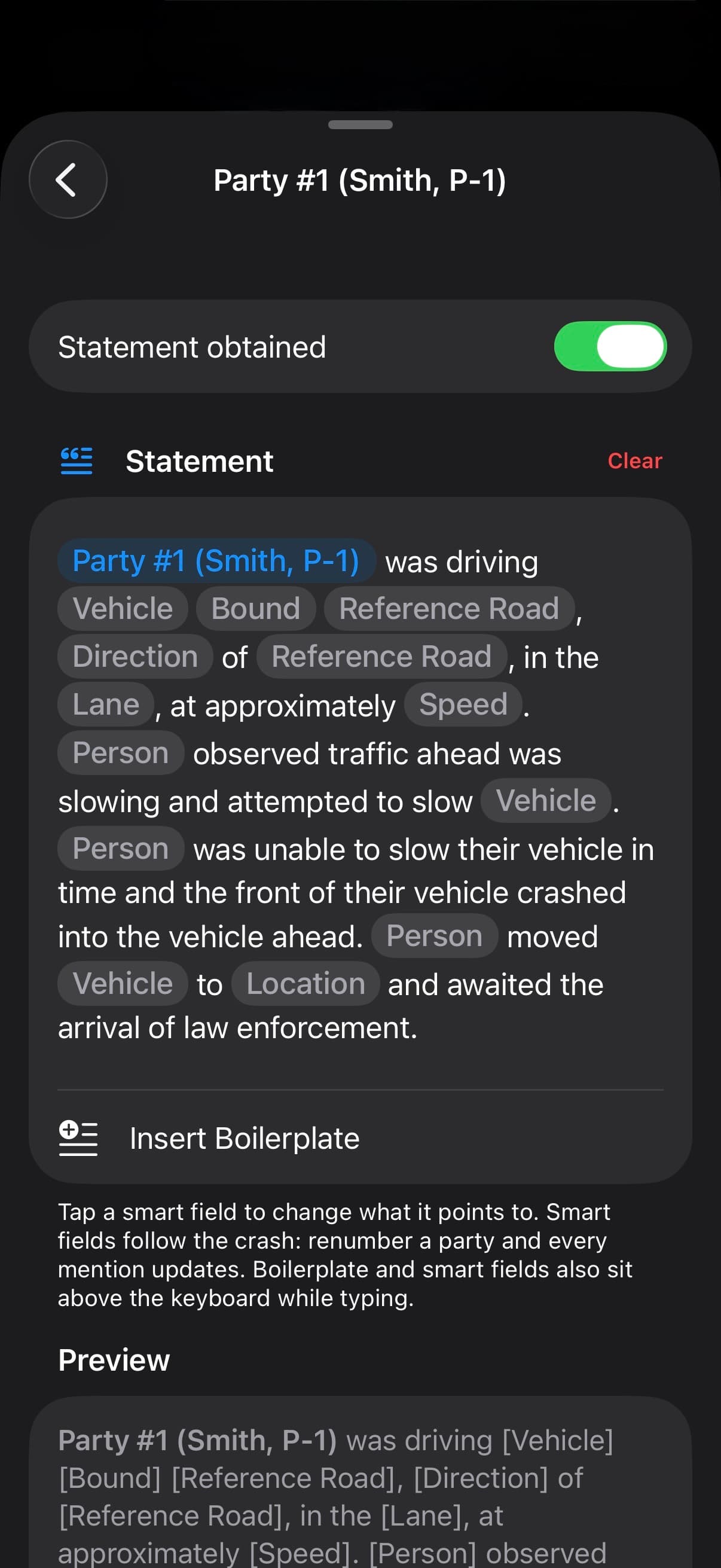TACWAC statement editor showing narrative boilerplate and smart fields linked to crash details