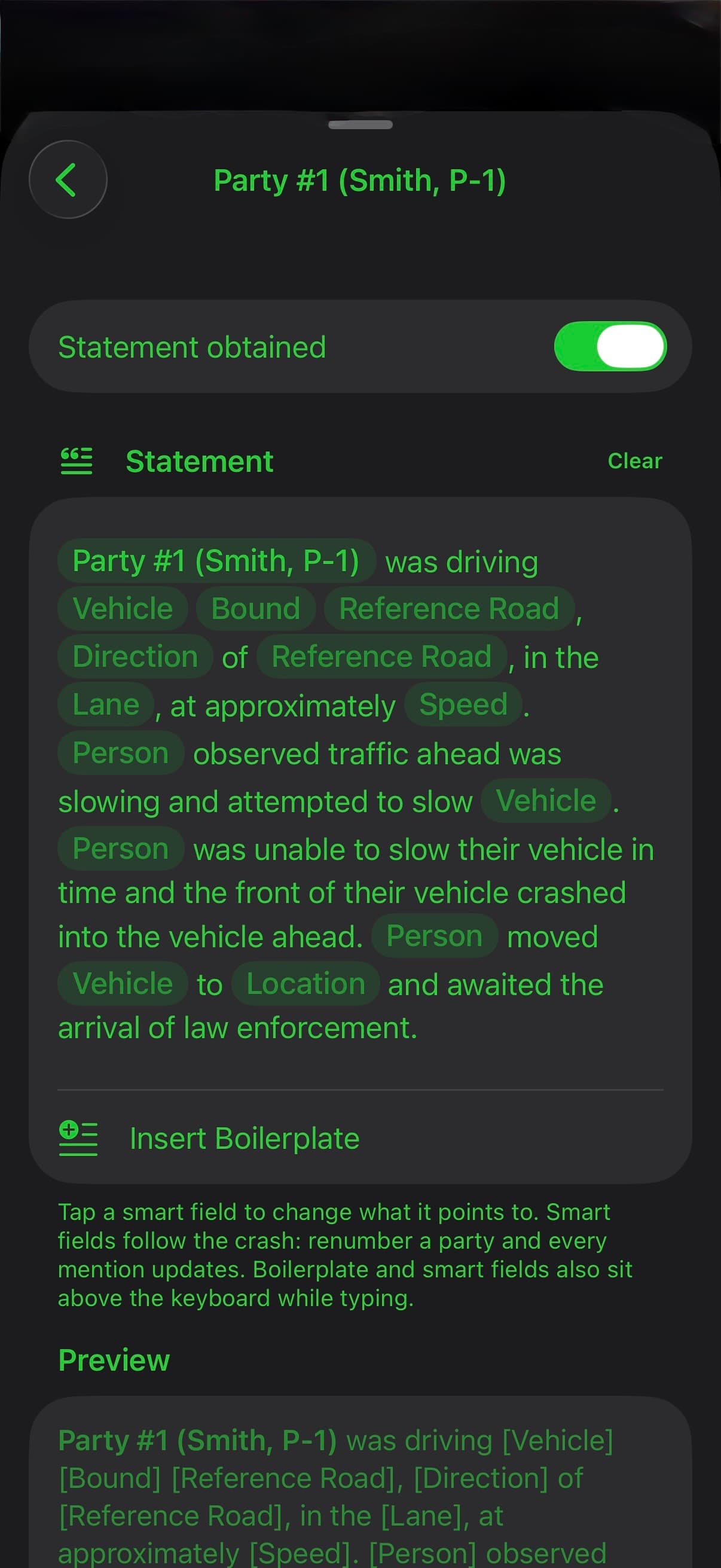 TACWAC statement editor showing narrative boilerplate and smart fields linked to crash details