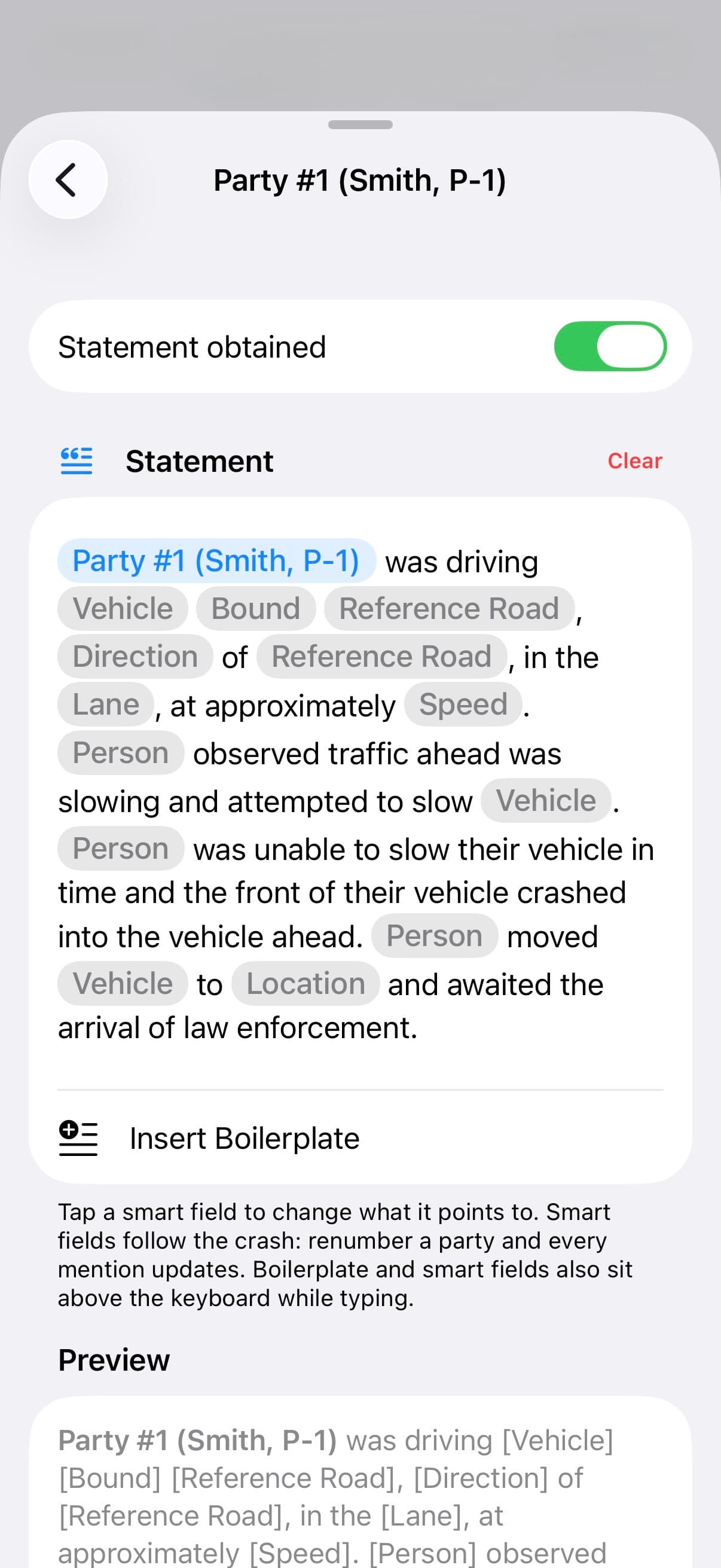 TACWAC statement editor showing narrative boilerplate and smart fields linked to crash details