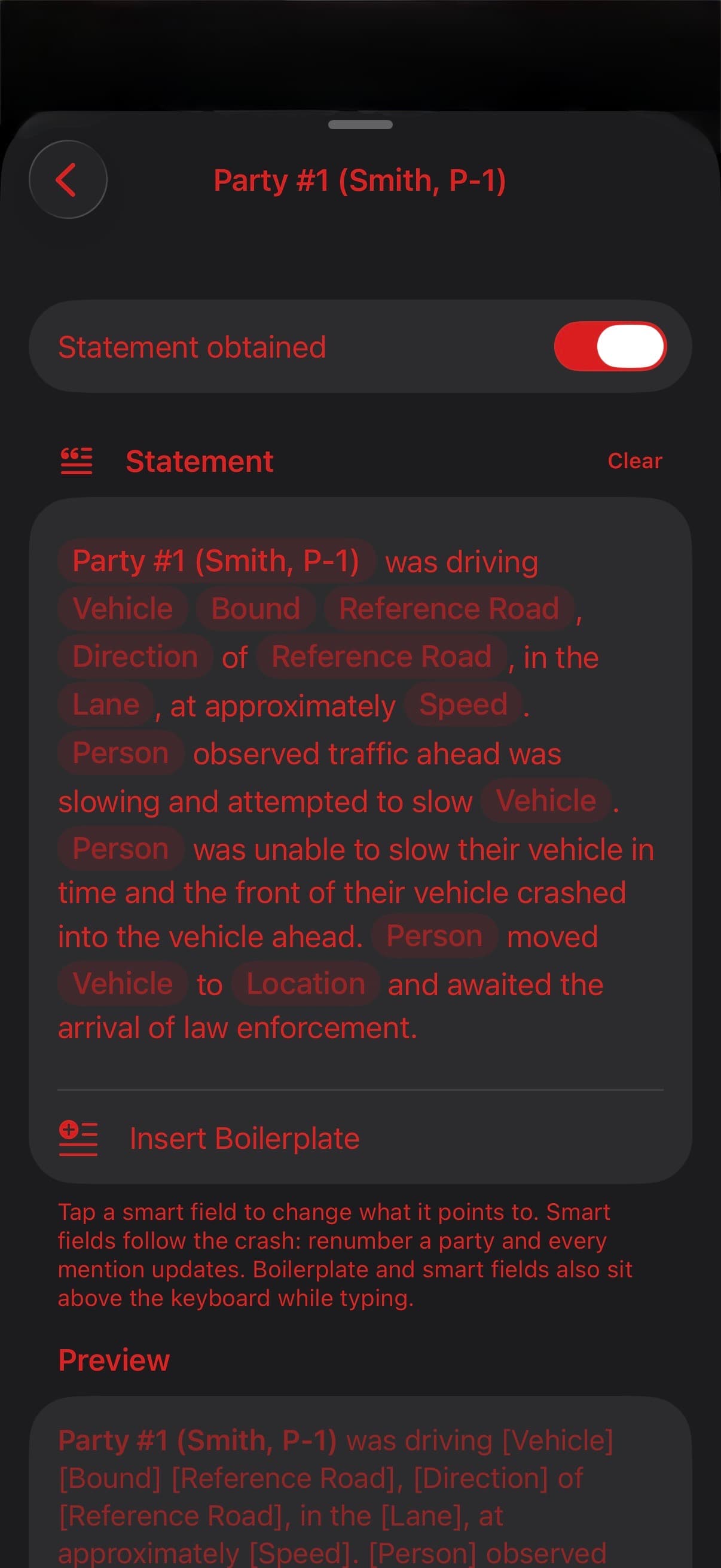 TACWAC statement editor showing narrative boilerplate and smart fields linked to crash details