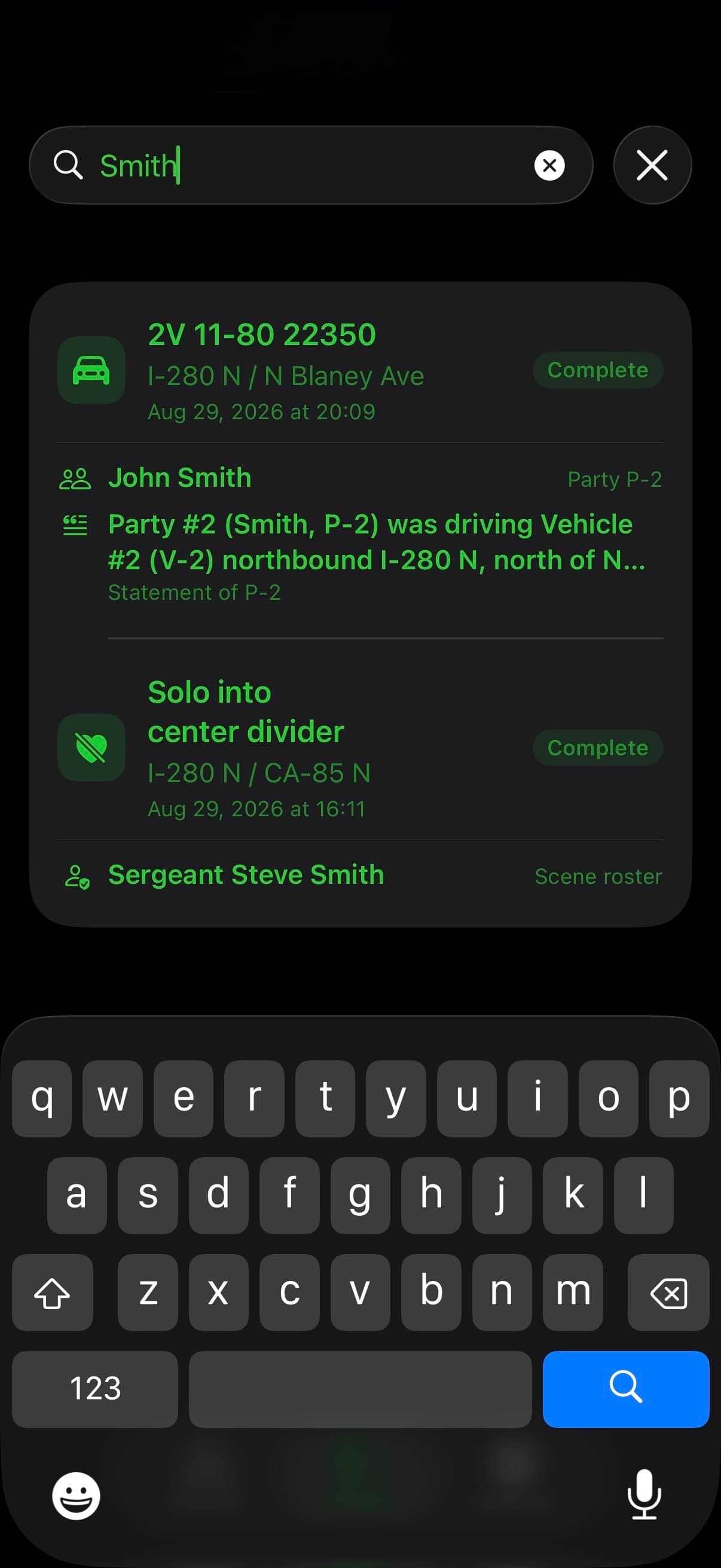 TACWAC Search Crashes screen finding a name in people, statements, and scene roster records across previous crashes
