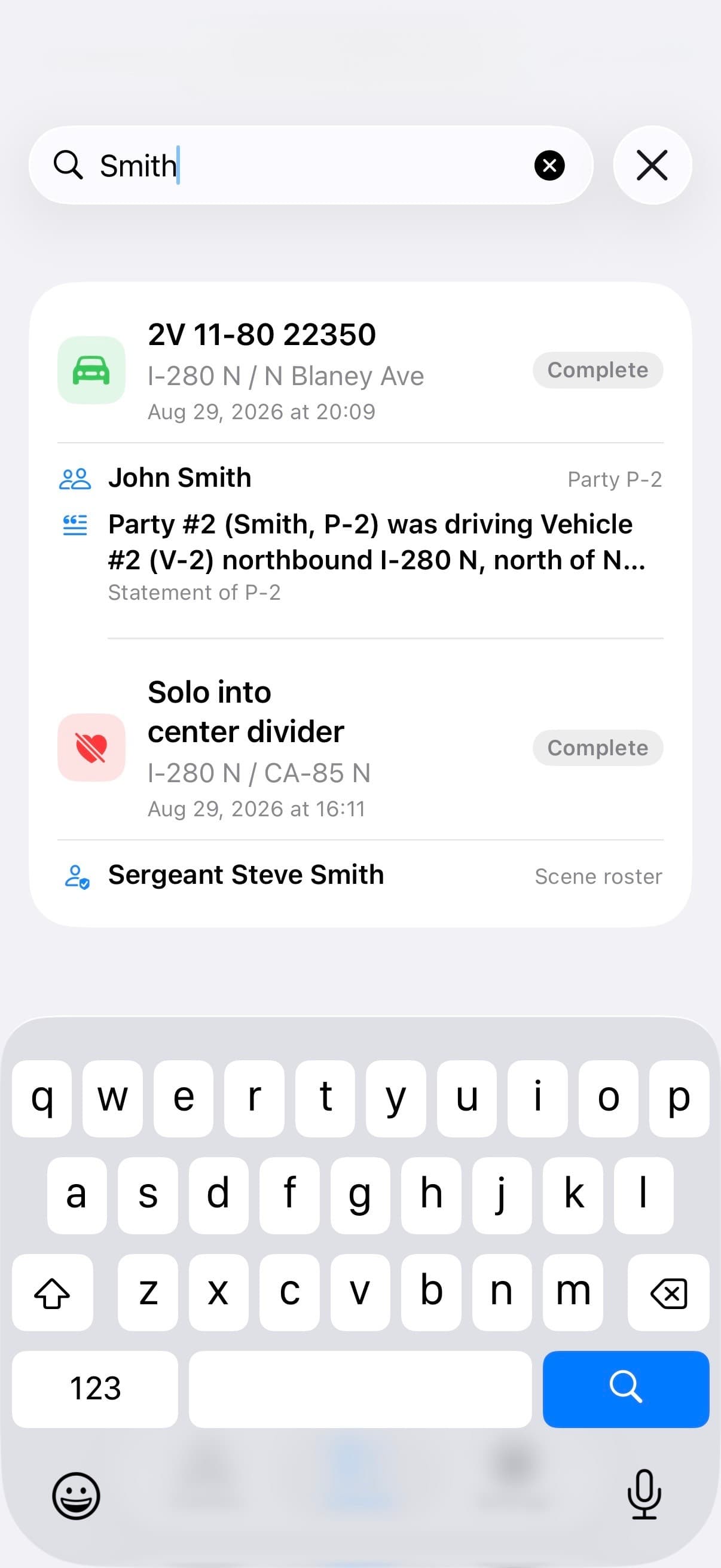 TACWAC Search Crashes screen finding a name in people, statements, and scene roster records across previous crashes
