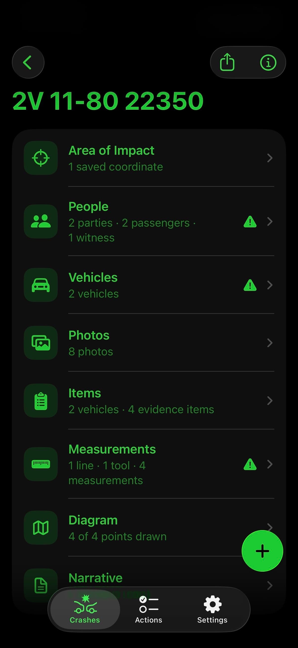 TACWAC crash workspace listing note sections including Area of Impact, People, Vehicles, Photos, Items, Measurements, Diagram, and Narrative