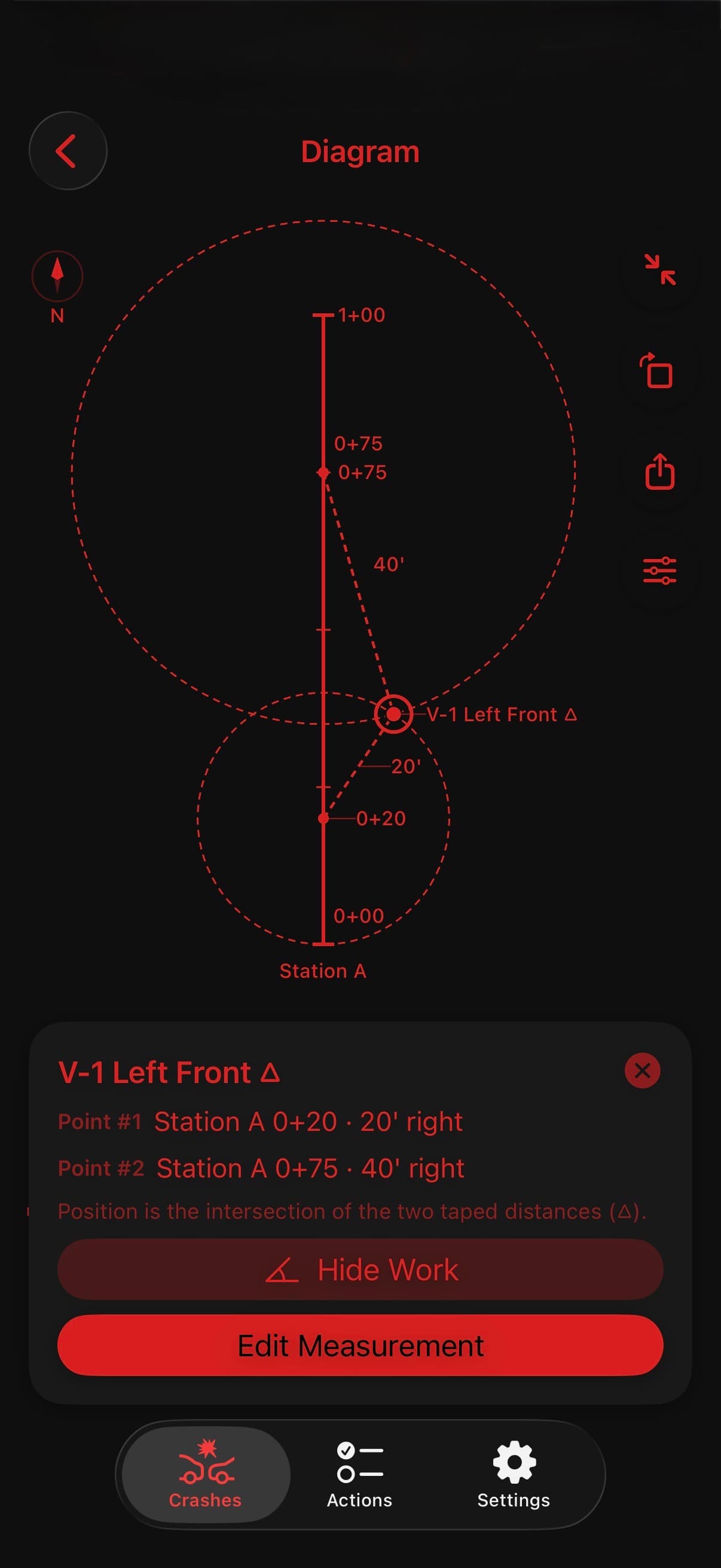TACWAC Factual Diagram showing a triangulated point placed at the intersection of two taped distances from a station line
