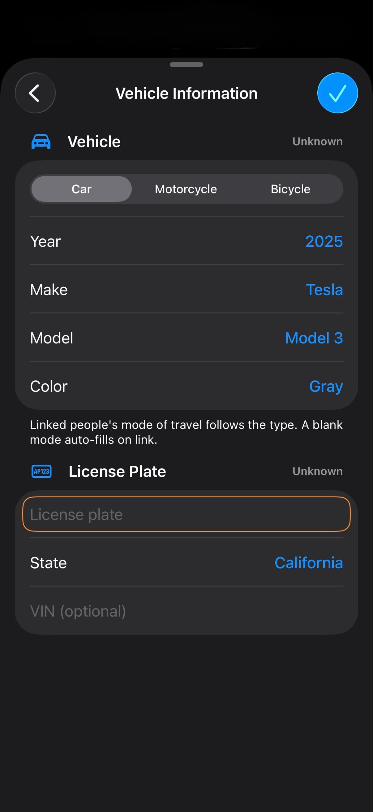 TACWAC Vehicle Information screen with vehicle type, year, make, model, color, and license plate fields