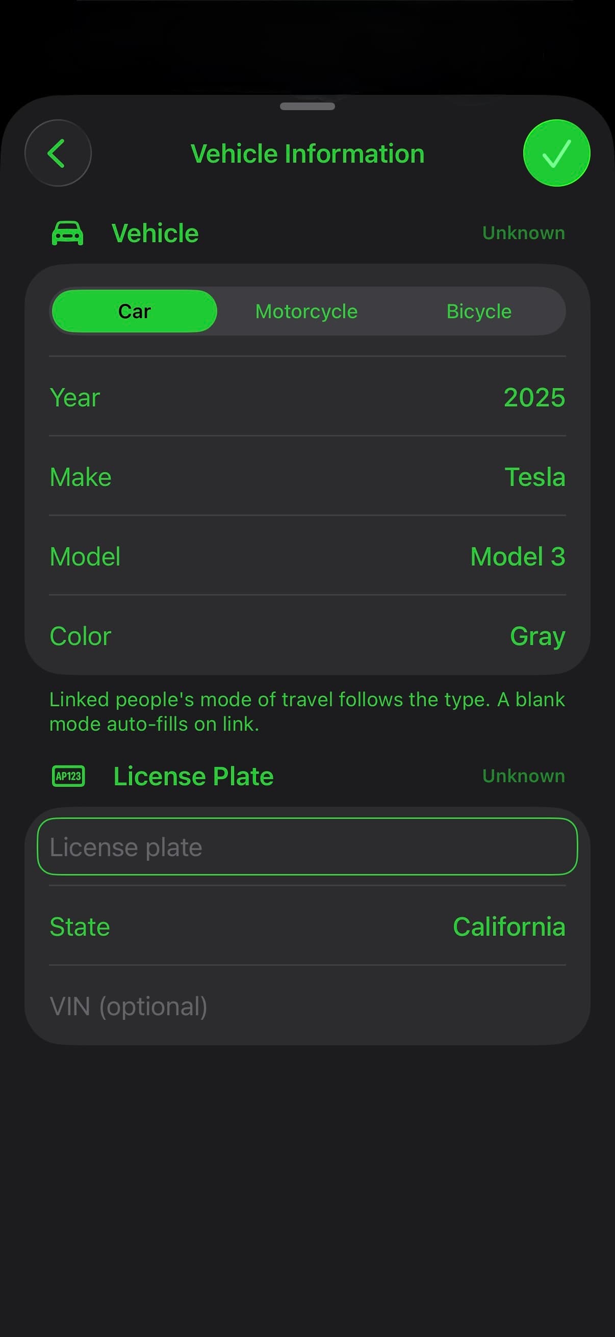 TACWAC Vehicle Information screen with vehicle type, year, make, model, color, and license plate fields