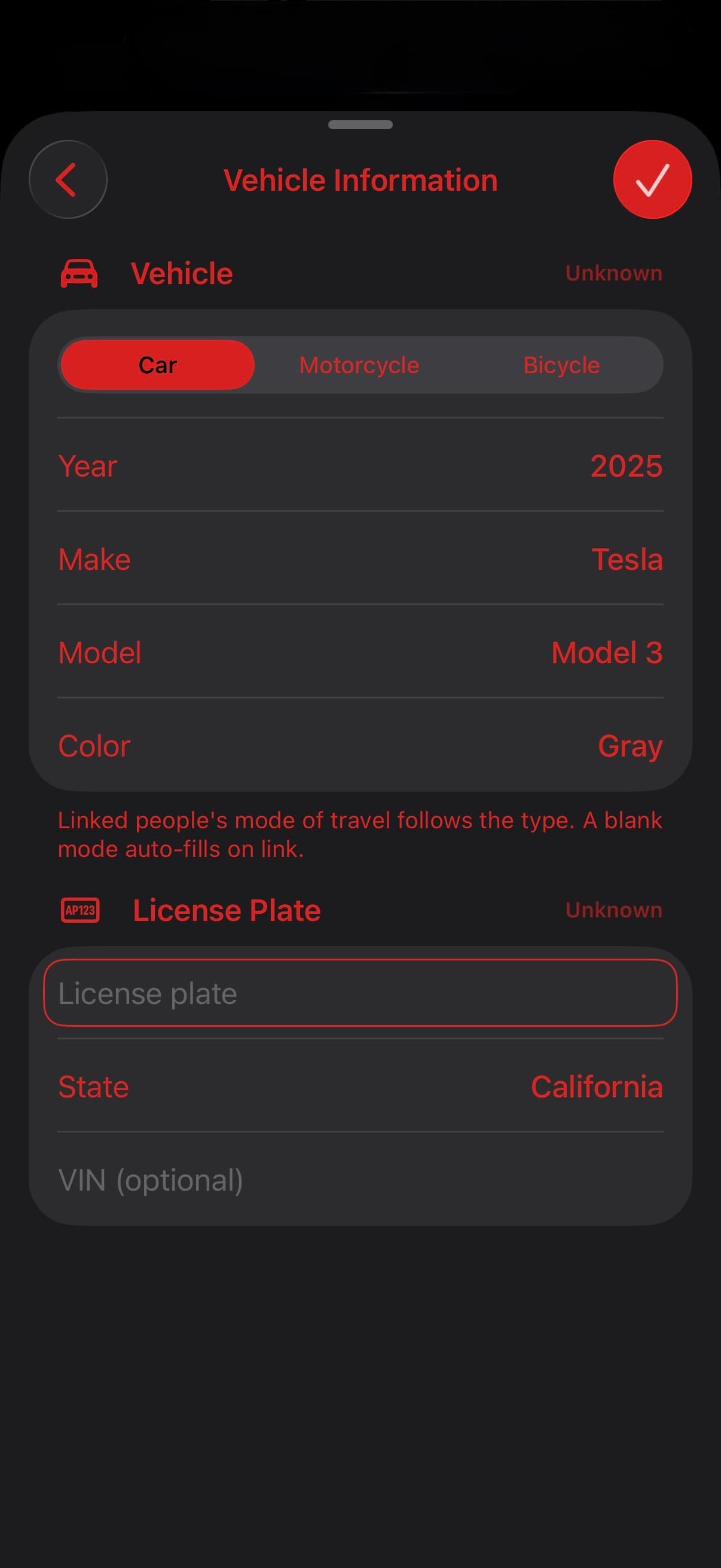 TACWAC Vehicle Information screen with vehicle type, year, make, model, color, and license plate fields